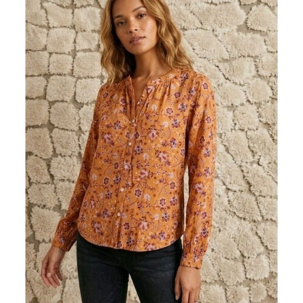 J. Jill Long Sleeve Blouse Size S Button Rust- Colored Purple/White Floral Rayon